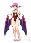  1girl absurdres artist_logo artist_name barefoot black_choker breasts choker collarbone commentary covered_navel darkstalkers expressionless full_body fur-trimmed_leotard fur_trim groin head_wings highleg highleg_leotard highres leotard lilith_(darkstalkers) logo looking_at_viewer low_wings petite purple_hair red_eyes red_leotard short_hair small_breasts solo standing thigh_gap watcher_hollow wings 