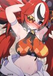  1girl alternate_breast_size_(larger) animal_ears armpits arms_up bare_shoulders bear_ears black_hair black_streaks blue_eyes blush breasts commentary cosplay crop_top english_commentary eyepatch fake_animal_ears flame_print hair_ornament hakos_baelz hololive hololive_english jdpr koleda_belobog koleda_belobog_(cosplay) large_breasts long_hair looking_at_viewer midriff mouse_girl multicolored_hair navel pants red_hair solo sphere_hair_ornament steaming_body streaked_hair sweat twintails virtual_youtuber white_hair zenless_zone_zero 