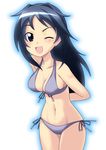  arms_behind_back bikini black_eyes black_hair front-tie_top girls_und_panzer long_hair navel one_eye_closed ootori_masatsuna open_mouth side-tie_bikini skindentation smile solo swimsuit yamagou_ayumi 