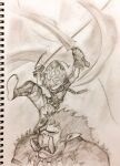  1boy belt boots cloak closed_eyes commentary_request fantasy fingerless_gloves foot_out_of_frame gloves graphite_(medium) highres holding holding_rope holding_sword holding_weapon hood hooded_cloak jewelry jun_(navigavi) leg_armor looking_at_another looking_down male_focus monochrome monster motion_lines necklace nose original pants paper_background photo_(medium) pointy_ears rope shirt short_hair sketch sleeveless sleeveless_shirt sword tooth_necklace traditional_media tusks upper_body weapon 