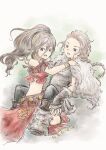  2girls black_hairband boots braid braided_ponytail brown_hair commentary_request floating_hair fur_boots fur_shawl green_eyes h'aanit_(octopath_traveler) hairband high_ponytail highres multiple_girls octopath_traveler octopath_traveler_ii open_mouth ponytail primrose_azelhart red_shirt shawl shirt sora_mamesan wavy_hair 