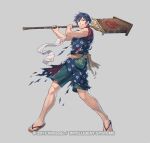  1boy bath_yukata battle_damage blue_eyes blue_hair blue_kimono chrom_(fire_emblem) chrom_(revitalized_fate)_(fire_emblem) clenched_teeth collarbone commentary_request fire_emblem fire_emblem_awakening fire_emblem_heroes holding holding_polearm holding_weapon japanese_clothes kimono kuren male_focus muscular muscular_male official_alternate_costume official_art open_mouth polearm sandals short_hair short_sleeves simple_background teeth torn_clothes towel weapon yukata 