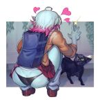  1girl ahoge ass backpack bag black_cat black_panties blue_bag briar_(league) brown_jacket brown_shoes cat colored_skin commentary english_commentary estyy fingernails from_behind grey_hair grey_skin gyaru highres jacket kneehighs league_of_legends long_sleeves miniskirt multicolored_hair panties pink_hair plaid_clothes plaid_skirt red_skirt sharp_fingernails shirt shoes skirt socks squatting two-tone_hair underwear white_shirt 