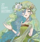  1girl 37_(happy_bird_catcher)_(reverse:1999) 37_(reverse:1999) :d aqua_background arm_behind_back blue_eyes blue_hair character_name commentary_request dress flower green_dress green_veil hair_between_eyes hair_flower hair_ornament hand_up happy_birthday highres long_hair masei_shibou official_alternate_costume open_mouth reverse:1999 smile solo teeth upper_body upper_teeth_only veil very_long_hair white_flower 