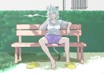  1girl absurdres animal_ear_fluff animal_ears bench blue_shorts breasts bush cat_ears cat_girl cat_tail cigarette commentary_request crocs drawstring highres medium_breasts multicolored_hair on_bench park_bench sandals satou_yaniko shirt shoes shorts single_bare_foot single_shoe sitting smallstone246 smoking solo t-shirt tail white_hair white_shirt yani_neko yellow_eyes yellow_sandals 
