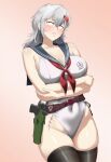  1girl alternate_costume black_thighhighs blush breasts cleavage commentary_request covered_navel goddess_of_victory:_nikke grey_hair gun hair_between_eyes handgun highleg highleg_leotard highres holster holstered large_breasts leotard long_hair neckerchief ogirin3948 red_neckerchief sailor_collar scar_on_hip sharp_teeth solo staccato_2011 teeth thighhighs thighs weapon white_leotard yellow_eyes yulha_(nikke) 