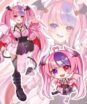 1girl ahoge asymmetrical_legwear black_boots black_skirt blush boots breasts chibi chibi_inset choker cleavage demon_girl demon_horns demon_tail demon_wings fang frilled_straps hair_ornament head_wings heart heart_ahoge heart_hair_ornament heart_o-ring heart_ring_choker high-waist_skirt highres horns hrk_itoshi ironmouse ironmouse_(15th_costume) jacket long_hair looking_at_viewer mismatched_legwear multicolored_hair multiple_views o-ring o-ring_choker open_mouth pink_choker pink_hair pink_jacket pink_shoes pointy_ears purple_eyes purple_hair purple_streaks shoes skin_fang skirt standing standing_on_one_leg streaked_hair tail thighhighs twintails two-tone_skirt virtual_youtuber vshojo white_horns white_skirt wings 