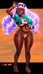  1girl alternate_costume aqua_shirt barefoot bikini bikini_top_peek bikini_under_clothes bracelet breasts can cosplay cover_bikini_girl_(gta_vi) cover_bikini_girl_(gta_vi)_(cosplay) cover_bikini_girl_(gta_vi)_(pose) crop_top crop_top_overhang cropped_shirt curvy dark-skinned_female dark_skin drink_can earrings eyelashes eyewear_lift eyewear_on_head fingernails full_body gold_bracelet gold_earrings grand_theft_auto grand_theft_auto_vi highres holding holding_can hoop_earrings jacinthe_(pokemon) jewelry large_breasts lib_100 light-skinned_palms long_hair looking_at_viewer low_drills nail_polish navel o-ring_bikini_bottom pokemon pokemon_legends:_z-a purple_eyes purple_hair purple_lips purple_nails shirt short_sleeves solo standing sunglasses swimsuit toenail_polish toenails very_dark_skin wide_hips 