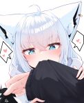  1girl absurdres ahoge animal_ear_fluff animal_ears biting_another's_clothes braid commentary_request earrings fox_ears fox_girl green_eyes hair_between_eyes heart highres hololive jewelry long_sleeves looking_at_viewer ookami_mio pentagram shirakami_fubuki sidelocks simple_background single_braid siw_(siw_0208) solo spoken_heart virtual_youtuber white_background white_hair 