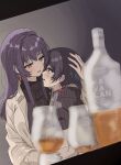  2girls alcohol black_hair black_sweater blue_eyes brown_hair chang_chin-lan coat commentary_request crying crying_with_eyes_open earrings eye_contact grey_coat gujyo_kanade hand_on_another's_head highres hug jewelry kamiina_botan_yoeru_sugata_wa_yuri_no_hana kavalan long_hair looking_at_another mocchii_(user_tkry4523) multiple_girls purple_hair short_hair sweater tears turtleneck turtleneck_sweater whiskey yuri 