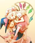  2girls apron black_dress blonde_hair braid commentary_request crystal_wings dress flandre_scarlet hair_ribbon hat kirisame_marisa kiritsuki_(piyshampo) mob_cap multiple_girls red_dress red_eyes red_shoes ribbon shoes side_ponytail touhou vampire wings witch_hat yellow_background yellow_eyes yuri 