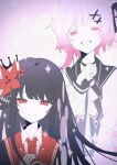  2girls absurdres asagisui belt black_choker black_coat black_hair black_shirt center_frills choker closed_mouth coat collared_coat collared_shirt commentary crown fang flower flower-trimmed_sleeves frills gradient_hair hair_flower hair_ornament highres long_hair long_sleeves mahou_shoujo_no_majo_saiban mini_crown multicolored_hair multiple_girls neck_ribbon necktie nikaido_hiro open_mouth pink_eyes pink_hair red_eyes red_flower red_necktie ribbon sakuraba_ema shirt short_hair skin_fang sleeveless sleeveless_coat smile sparkle tearing_up untranslatable_commentary white_flower white_hair white_ribbon white_shirt white_sleeves x_hair_ornament 