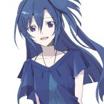  1girl blue_hair blue_shirt blunt_ends collarbone commentary_request double-parted_bangs dutch_angle floating_hair hair_between_eyes high_side_ponytail kazanari_tsubasa long_hair looking_at_viewer open_mouth purple_eyes senki_zesshou_symphogear shirt short_sleeves side_ponytail simple_background smile solo spaghetti_strap upper_body white_background xx02219 