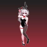  absurdres animal_ears black_background black_leotard bow bowtie bunny_day commentary detached_collar fake_animal_ears full_body gradient_background grey_hair hair_between_eyes hair_intakes high_heels highleg highleg_leotard highres leotard long_hair nontraditional_playboy_bunny original pantyhose pixel_art playboy_bunny rabbit_ears rabbit_pose red_background red_bow red_bowtie red_eyes red_shoes seu-i shoes side_ponytail single_leg_pantyhose strapless strapless_leotard thigh_strap white_hair wrist_cuffs 
