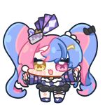  1girl :3 black_bow blue_hair blue_sleeves bow chibi chibi_only commentary_request dress full_body hair_bow hair_ornament heterochromia long_hair looking_at_viewer multicolored_hair open_mouth pink_eyes pink_hair roccia_(wuthering_waves) smile solo standing symbol-shaped_pupils syurikenmaru twintails two-tone_hair white_background wuthering_waves x-shaped_pupils yellow_eyes 