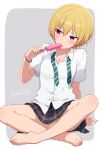  1girl absurdres bare_legs barefoot blonde_hair blush border bracelet breasts collared_shirt commentary_request eyelashes feet food food_in_mouth grey_background gyorui_(katsuwo_drawing) hair_between_eyes highres holding holding_food holding_popsicle idolmaster idolmaster_shiny_colors jewelry legs necktie panties plaid_clothes plaid_skirt pleated_skirt popsicle popsicle_in_mouth purple_eyes saijo_juri shadow shirt short_hair short_sleeves signature sitting skirt small_breasts solo sweatdrop underwear undone_necktie white_border white_shirt yellow_panties 