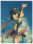  1girl :d ^_^ ahoge arm_up bass_clef black_hat blue_hair blue_shoes blue_sky blue_vest border braid closed_eyes cloud colored_inner_hair day fukomo gold_trim hat highres jewelry long_hair low-braided_long_hair low-tied_long_hair multicolored_hair musical_note necklace necktie open_mouth otomachi_una otomachi_una_(sugar) outdoors petticoat pleated_skirt power_lines red_necktie sailor_collar shirt shoes skirt sky smile socks solo teeth thigh_strap treble_clef twintails two-tone_hair upper_teeth_only utility_pole vest vocaloid white_border white_hair white_sailor_collar white_shirt white_skirt white_socks 