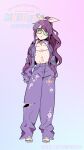  1girl :o absurdres aqua_eyes aqua_nails bow_hairband commentary_request cross cross_earrings cross_necklace denim denim_jacket earrings hairband high_ponytail highres jacket jewelry looking_at_viewer mahou_shoujo_ni_akogarete nail_polish necklace official_art ononaka_akihiro pants ponytail purple_hair purple_jacket purple_pants sandals sister_gigant solo thick_eyebrows white_sandals 