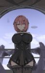  1girl azz0422 black_dress black_thighhighs black_wings breasts cleavage commentary dress from_below hair_ornament hairclip highres huge_breasts looking_at_viewer medium_hair narrow_waist pink_hair purple_eyes remielle_dan remielle_dan_(moonlight_whispers) solo thick_thighs thighhighs thighs wings zenless_zone_zero 