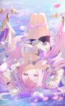  1girl absurdres aki_maple arms_up bare_shoulders breasts chinese_commentary cleavage commentary_request diamond-shaped_pupils diamond_(shape) elysia_(herrscher_of_human:_ego)_(honkai_impact) elysia_(honkai_impact) falling_petals gloves hands_up highres honkai_(series) honkai_impact_3rd knees_up large_breasts leotard long_hair looking_at_viewer lying on_back parted_lips petals pink_hair pink_petals purple_eyes purple_shorts shorts smile solo strapless symbol-shaped_pupils white_gloves white_leotard 