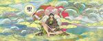  1boy barefoot black_hair brown_kimono cloud commentary_request full_body hair_between_eyes highres holding holding_staff honya_lala japanese_clothes kimono knee_up long_sleeves male_focus original parted_lips short_hair sitting solo staff wide_sleeves 