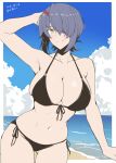  1girl artist_name ass_visible_through_thighs beach bikini black_bikini breasts collarbone commentary_request cowboy_shot dated eyepatch front-tie_bikini_top front-tie_top grey_hair highres horizon kantai_collection large_breasts leaning_to_the_side navel ocean outdoors short_hair side-tie_bikini_bottom signature smile solo swimsuit taira_yuuki tenryuu_(kancolle) thigh_gap yellow_eyes 