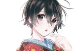  1girl black_eyes black_hair close-up commentary_request highres japanese_clothes kimono looking_at_viewer messy_hair mesubarutan original parted_lips short_hair solo 