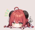 1girl :3 ahoge beni_shake black_skirt blush bow braid chibi chibi_only closed_mouth commentary_request full_body green_eyes grey_background hair_bow hair_intakes jacket long_hair long_sleeves looking_at_viewer low_twintails lying notice_lines on_stomach pink_jacket pleated_skirt puffy_long_sleeves puffy_sleeves red_hair revision signature simple_background skirt smile solo striped_clothes striped_thighhighs thighhighs twin_braids twintails ukinami_yuzuha white_bow zenless_zone_zero 