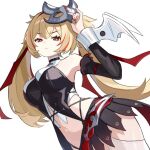  1girl bare_shoulders blonde_hair breasts claret_flint closed_mouth commentary detached_sleeves hair_between_eyes holding holding_mask long_hair looking_at_viewer mask miyako_draw multicolored_hair navel red_eyes red_hair red_streaks simple_background solo straddling streaked_hair thighhighs twintails white_background white_thighhighs zenless_zone_zero 