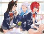  3girls :d ange_katrina animal_ears blazer blue_bow blue_bowtie blue_eyes blue_hair blue_jacket blue_vest bow bowtie braid brown_hair brown_sweater brown_sweater_vest brown_tail closed_eyes collared_shirt colored_inner_hair commentary_request dog_ears dog_girl dog_tail drink_carton grey_skirt grid_print group_picture hair_intakes half_up_braid hand_up holding holding_drink_carton indian_style inui_toko jacket kneeling lapels laughing lize_helesta long_hair looking_at_another medium_hair miniskirt multicolored_hair multiple_girls nijisanji notched_lapels open_clothes open_jacket open_mouth pleated_skirt print_bow print_bowtie red_bow red_bowtie red_hair sanbaka_(nijisanji) sazao2130 school_uniform shirt sitting skirt sleeves_past_wrists sleeves_rolled_up smile streaked_hair sweater sweater_vest tail thighhighs two-tone_hair vest virtual_youtuber white_hair white_shirt white_thighhighs yellow_eyes zettai_ryouiki 