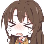  >_< 1girl blush brown_hair brown_jacket chibi closed_eyes commentary_request crying facing_viewer furrowed_brow hair_between_eyes idolmaster idolmaster_cinderella_girls jacket lapels lowres neck_ribbon nose_blush open_mouth portrait pumomo_(saito80276259) red_ribbon ribbon shimamura_uzuki simple_background solo tears variant_set white_background 