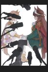  2girls absurdres aiguillette animal_ears ascot black_shoes black_thighhighs boots brown_hair cape carlo_515 ear_ornament epaulettes gloves gold_boots green_jacket green_skirt hands_on_lap highres horse_ears horse_girl horse_tail jacket long_hair long_sleeves microphone multicolored_hair multiple_girls no_eyes orange_hair pink_cape red_cape shirt shoes short_hair side_cape skirt streaked_hair symboli_rudolf_(emperor's_path)_(umamusume) symboli_rudolf_(umamusume) t.m._opera_o_(o_sole_suo!)_(umamusume) t.m._opera_o_(umamusume) tail thighhighs umamusume white_ascot white_background white_gloves white_hair white_shirt white_thighhighs 