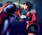  1boy batman_(series) black_hair blue_eyes bodysuit cape commentary crisis_in_orbit dc_comics english_commentary english_text highres jason_todd male_focus multicolored_bodysuit multiple_boys muscular muscular_male red_cape red_hood_(dc) red_hood_and_the_outlaws short_hair silver_armor superboy-prime superhero_costume superman_(series) superman_logo taut_bodysuit taut_clothes two-tone_bodysuit western_comics_(style) 