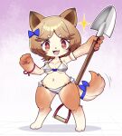  1girl animal_ears blush bow bow_(monmusu_td) breasts bright_pupils brown_eyes brown_hair clenched_hand commentary_request fang full_body furry furry_female hair_bow holding holding_shovel large_breasts looking_at_viewer monster_musume_td navel nollety open_mouth short_hair shovel solo sparkle standing tail white_pupils wide_hips 