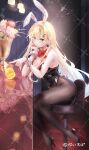  1girl absurdres aizawa_ema animal_ear_hairband animal_ears aqua_hair bar_(place) bare_shoulders black_leotard black_pantyhose blonde_hair blue_eyes bow bowtie breasts chair cleavage closed_mouth commentary copyright_name copyright_notice cup detached_collar drinking_glass earrings elbow_rest fake_animal_ears fingernails flower gradient_hair hair_intakes hair_ornament hairband hairclip head_rest highres indoors jewelry large_breasts legs leotard long_hair looking_at_viewer mugiusagi multicolored_hair official_alternate_costume official_art on_chair pantyhose playboy_bunny rabbit_ear_hairband rabbit_ears red_bow red_bowtie reflection sample_watermark sitting solo very_long_hair virtual_youtuber vspo! watermark watermark_grid white_wrist_cuffs wrist_cuffs 