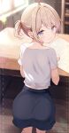  1girl ahoge ass black_skirt blonde_hair blue_eyes blush closed_mouth commentary_request esia_mariveninne_(komone_ushio) highres indoors kneeling komone_ushio looking_at_viewer looking_back miniskirt off-shoulder_shirt off_shoulder on_floor original paper parted_bangs pencil_skirt ponytail shirt short_hair short_sleeves skirt solo table turning_head white_shirt wooden_floor 