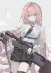  1girl ai_arctic_warfare arknights belt belt_buckle black_necktie black_shorts bolt_action boots breasts buckle commentary cowboy_shot detached_wings energy_wings grey_background gun halo high-waist_belt highres holding holding_gun holding_weapon leaning_to_the_side lemuen_(arknights) lemuen_(elite_ii)_(arknights) long_hair looking_at_viewer medium_breasts necktie pink_eyes pink_hair rifle shirt short_shorts shorts simple_background sniper_rifle solo thigh_boots traditional_halo very_long_hair weapon white_shirt wings y93067 