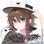  1girl adjusting_clothes adjusting_headwear asymmetrical_sidelocks black_capelet black_hat blush bow bowtie brown_eyes brown_hair capelet closed_mouth commentary_request hair_bow hat hat_bow highres medium_hair red_bow red_bowtie ribbon-trimmed_capelet ribbon_trim sample_watermark shirt short_sleeves sidelocks smile solo touhou turning_head upper_body usami_renko watermark white_bow white_shirt xuezai 