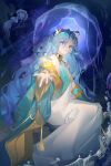  1girl 37_(reverse:1999) absurdres bare_shoulders blue_background blue_eyes blue_hair blue_robe chenchenchenchenchenchen chinese_commentary commentary_request dress full_body gold_choker highres jellyfish laurel_crown long_hair looking_at_viewer outstretched_hand reverse:1999 robe sitting solo very_long_hair white_dress 