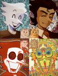  4boys abstract black_hair colored_skin deltarune glasses hair_slicked_back looking_at_viewer louis_wain_(style) multiple_boys parody photo-referenced pointy_nose reference_inset round_eyewear shio_tou spamton_g._spamton spamton_g._spamton_(big_shot) style_parody utdr_(toby_fox) white_skin 