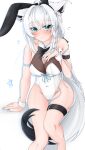  1girl absurdres ahoge animal_ear_fluff animal_ear_hairband animal_ears arm_strap black_bow blue_ribbon blush bow bowtie braid breasts cleavage_cutout clothing_cutout commentary earrings english_commentary fake_animal_ears fox_ears fox_girl fox_tail green_eyes hair_between_eyes hairband hand_on_own_chest highres hololive jewelry leotard long_hair looking_at_viewer medium_breasts playboy_bunny rabbit_ear_hairband rabbit_ears ribbon shirakami_fubuki sidelocks simple_background single_braid sitting solo st-147 tail thigh_strap virtual_youtuber white_background white_hair white_leotard wrist_cuffs 