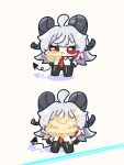 1girl :< ahoge black_gloves black_horns black_jacket black_pants chibi chibi_only closed_eyes closed_mouth collared_shirt commentary_request curled_horns demon_tail gloves hair_between_eyes highres horns jacket jacket_on_shoulders looking_at_viewer medium_hair multicolored_hair necktie pants red_eyes red_necktie shirt simple_background streaked_hair syurikenmaru tail white_background white_hair white_shirt wuthering_waves zani_(wuthering_waves) 