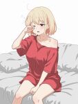  1girl absurdres bare_legs bed_sheet between_legs blonde_hair blush breasts collarbone commentary_request hand_between_own_legs hand_on_own_face highres large_breasts lycoris_recoil nishikigi_chisato on_bed one_eye_closed open_mouth oversized_clothes oversized_shirt pillow red_eyes red_shirt shirt short_hair short_sleeves shoulder_blush simple_background single_bare_shoulder sitting sleepy solo soonanoka9 squeans white_background 