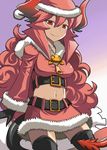  belt black_gloves black_legwear breasts cropped_jacket curly_hair demon_girl demon_tail gloves hat horns long_hair maou_beluzel matsuda_yuusuke medium_breasts midriff miniskirt multiple_belts navel red_eyes red_hair sack santa_costume santa_hat skirt skull smile solo tail tan thighhighs yuusha_to_maou zettai_ryouiki zipper 