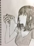  1girl breasts cheese cheese_trail cleavage closed_mouth commentary_request eating food glutton graphite_(medium) hand_up highres holding holding_food holding_pizza jun_(navigavi) large_breasts lips looking_to_the_side medium_hair monochrome nose olive original paper_background pepperoni photo_(medium) pizza pizza_slice shirt short_sleeves sketch solo t-shirt traditional_media upper_body 