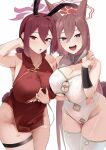  2girls ahoge animal_ears bare_shoulders blue_archive blush breasts brown_hair chinese_clothes cleavage cleavage_cutout clothing_cutout commentary_request crossed_bangs detached_sleeves dress fox_ears gold_trim grey_trim hair_between_eyes halo highres large_breasts leotard long_hair looking_at_viewer mole mole_under_eye multiple_girls navel_cutout open_mouth oza_osuwari pelvic_curtain purple_eyes qipao red_dress red_eyes red_hair reijo_(blue_archive) rumi_(blue_archive) short_dress side_slit smile thigh_strap thighhighs thighs very_long_hair white_leotard white_thighhighs 