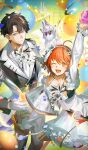  1boy 1girl ahoge aqua_eyes arm_up asymmetrical_sleeves balloon black_hair black_vest choker commentary_request confetti corsage cup curtained_hair dress fate/grand_order fate_(series) flower fou_(fate) frilled_dress frills fujimaru_ritsuka_(female) fujimaru_ritsuka_(male) game_asset gloves hair_flower hair_ornament hairband holding holding_cup lapel_pin lapels light_smile long_sleeves looking_at_viewer mismatched_sleeves notched_lapels off-shoulder_dress off_shoulder official_art one_eye_closed open_mouth orange_eyes orange_hair partial_commentary shokuen_(oxstl) short_hair sleeve_slit thigh_strap third-party_source vest white_dress white_gloves wide_sleeves wing_hair_ornament 