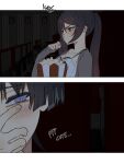 1boy 1girl alternate_costume aqua_eyes asymmetrical_bangs black_hair blunt_bangs blunt_ends blush breasts bright_pupils casual cleavage closed_mouth collarbone colored_inner_hair commentary contemporary covering_own_mouth dress eating english_text eyelashes fingernails food genshin_impact gradient_hair grey_hair grey_sleeves hair_between_eyes hand_over_own_mouth hand_up highres holding holding_food indoors long_hair long_sleeves looking_down looking_to_the_side mona_(genshin_impact) movie_theater multicolored_hair pink_hair popcorn pout purple_eyes ribbed_dress scaramouche_(genshin_impact) sidelocks sleeves_past_wrists small_breasts sound_effects spaghetti_strap speech_bubble split_crop swept_bangs theater_seating tsurime twintails white_dress white_pupils wispy_bangs ysnden 