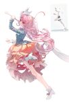  1girl boots bow bubble_skirt chinese_commentary commentary_request footwear_bow fox_mask full_body green_bow hata_no_kokoro high_heel_boots high_heels highres holding holding_polearm holding_weapon long_hair long_sleeves mask mask_on_head naginata orange_skirt photo_inset pink_eyes pink_hair plaid_clothes plaid_shirt polearm red_bow reference_inset shirt simple_background skirt skirt_cutout solo tan_xiao_ye touhou very_long_hair weapon white_background 