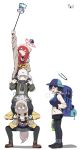  >_< 4girls absurdres arm_up backpack bag black_gloves black_pantyhose black_scarf black_shoes blonde_hair blue_archive blue_bag blue_halo blue_hat blue_jacket blush boots braid breasts brown_boots brown_jacket brown_shirt bucket_hat carrying cellphone chihiro_(blue_archive) chihiro_(camp)_(blue_archive) closed_eyes closed_mouth collared_shirt commentary_request csham facing_another flying_sweatdrops full_body glasses gloves green_jacket grey_hair grey_skirt hair_between_eyes halo hare_(blue_archive) hare_(camp)_(blue_archive) hat highres holding holding_lamp holding_stick jacket kerosene_lamp kotama_(blue_archive) kotama_(camp)_(blue_archive) large_breasts long_hair long_sleeves maki_(blue_archive) maki_(camp)_(blue_archive) multicolored_jacket multiple_girls nose_blush official_alternate_costume official_alternate_hairstyle open_clothes open_jacket open_mouth pantyhose peaked_cap phone pleated_skirt ponytail purple_halo red_hair red_halo scarf selfie_stick shirt shoes shoulder_carry sigh signal_bar simple_background skirt smartphone sneakers standing stick totem twin_braids two-tone_jacket veritas_(blue_archive) white_background white_gloves white_hat white_scarf white_shirt wi-fi_symbol yellow_jacket 